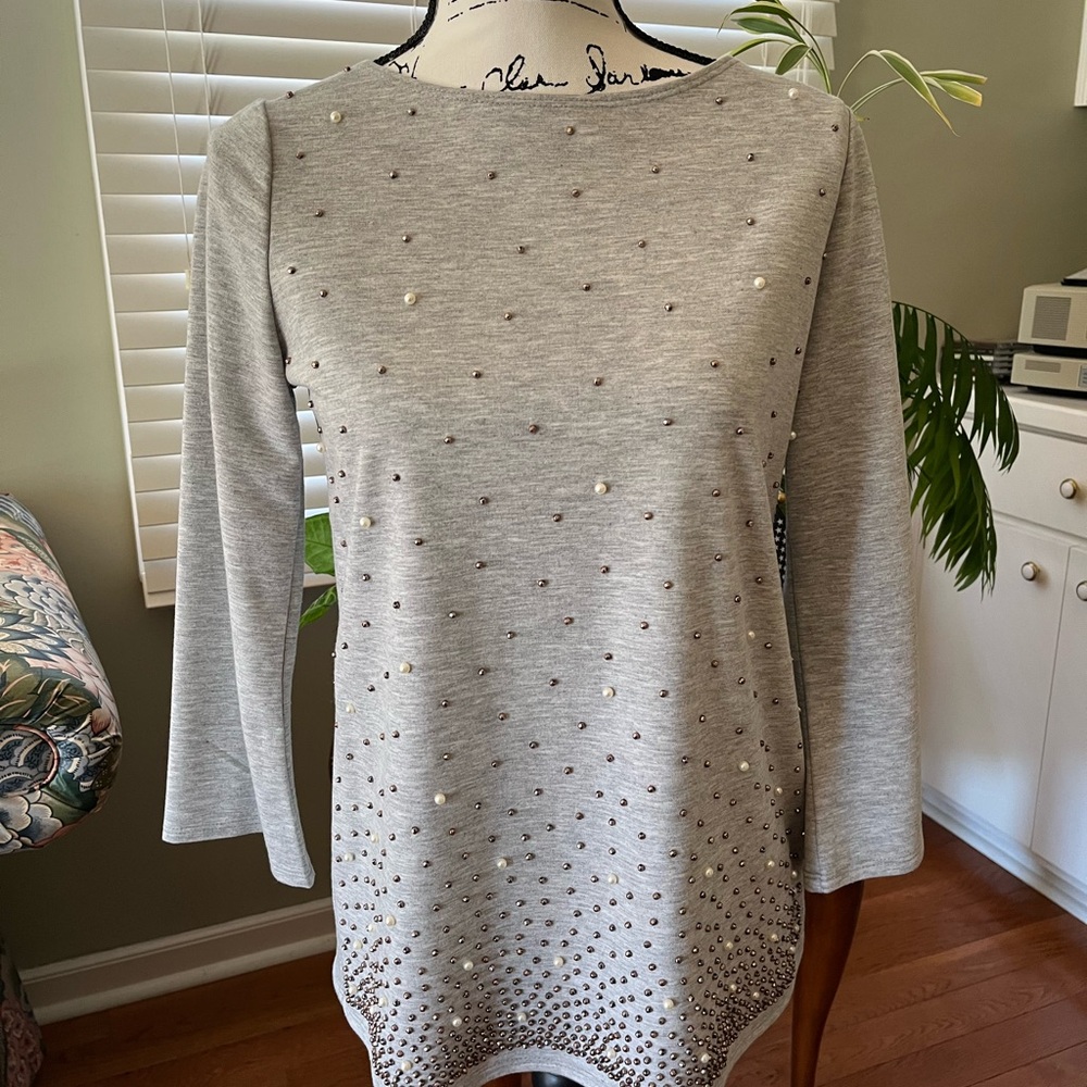 NWT Elegant Gray Embellished Women's Top